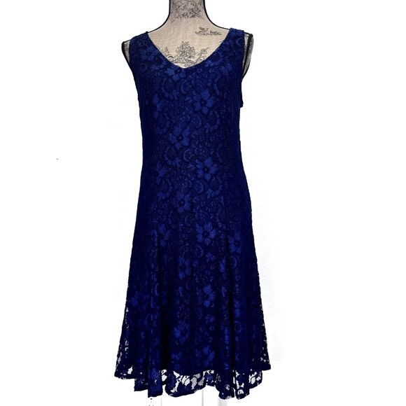 Joseph Ribkoff Women's Navy Blue Double V Neck Sleeveless Lace Midi Dress Sz 10 - Picture 1 of 16